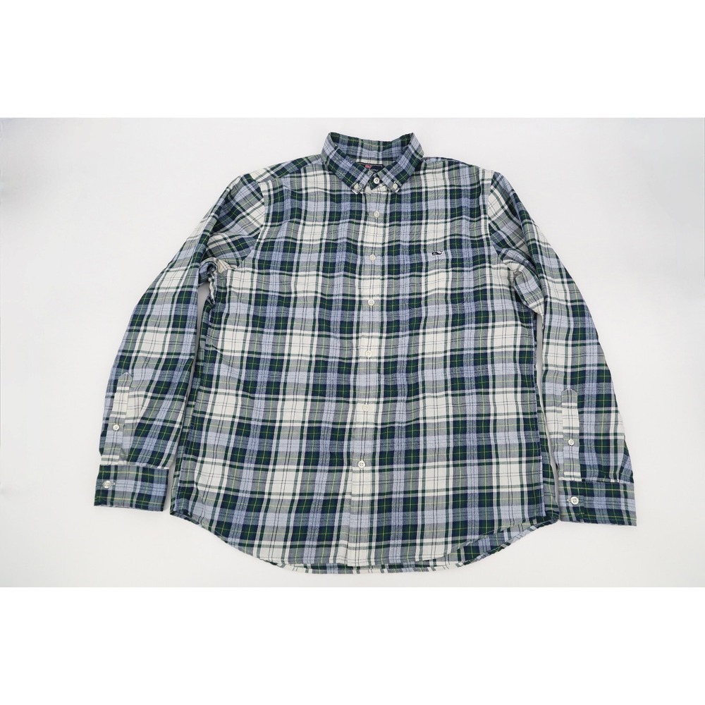 Vineyard Vines Performance Mens Large Green Blue Plaid Slim Fit Tucker Shirt